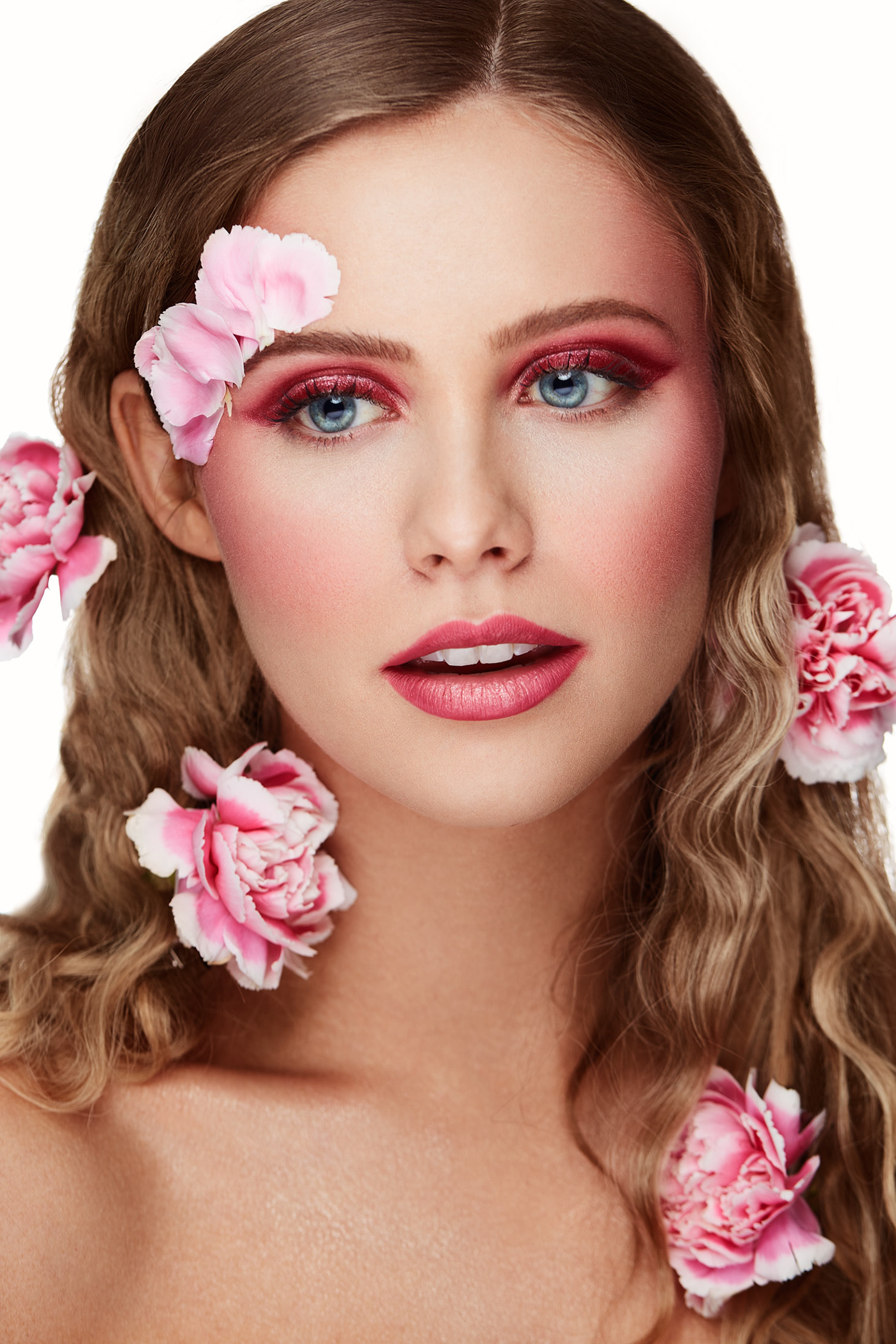 beauty editorial beauty photography blonde carnations floral photoshoot pink makeup