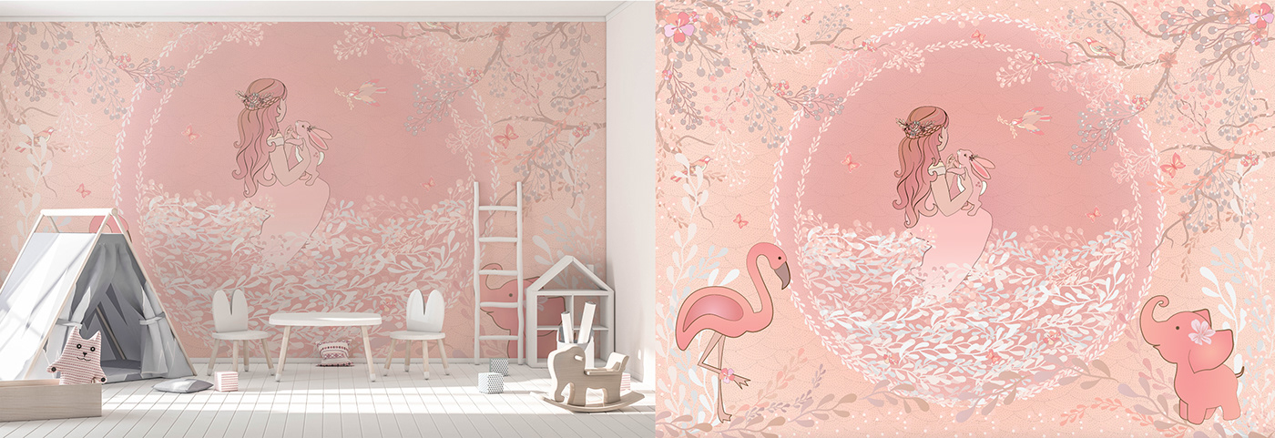 kids wallmural wallpaper ILLUSTRATION  forest pink interiordesign wall decoration Drawing 