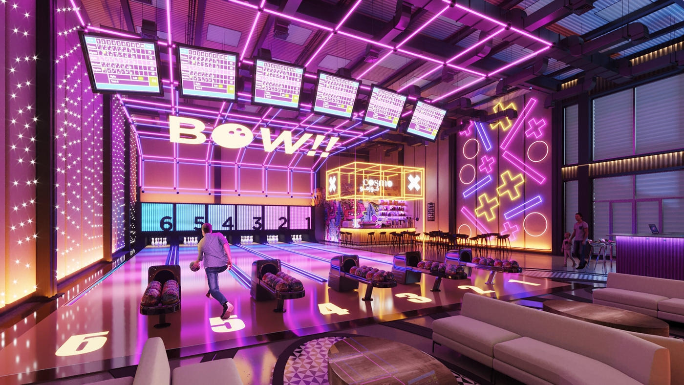 architecture bar bowling cafe Coffee Gaming interior design  lights neon visualization