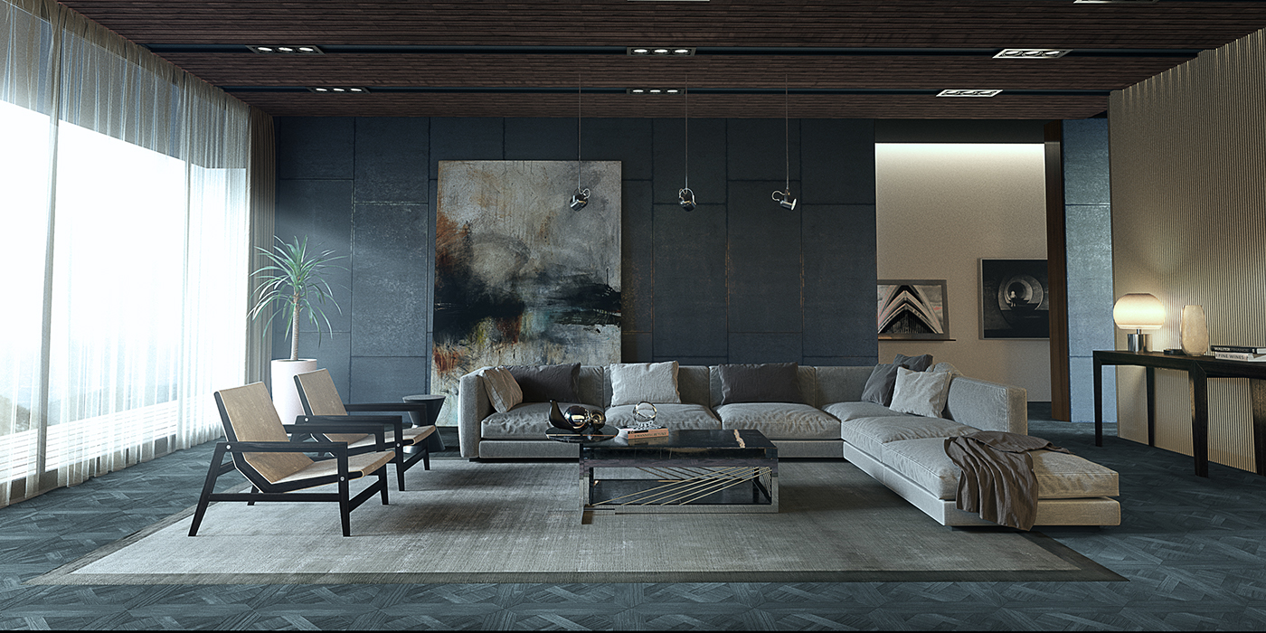 living room Render corona luxury architecture Interior 3D modeling lighting wood