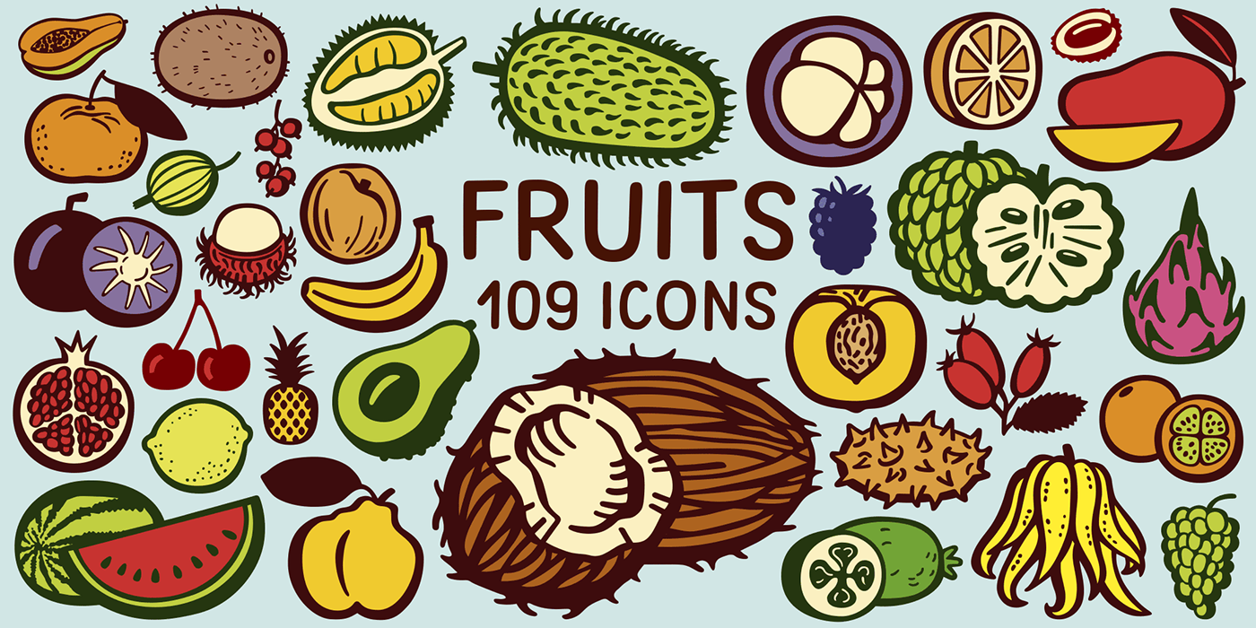 Food  kitchen animals fruits beverages veggies desserts icons