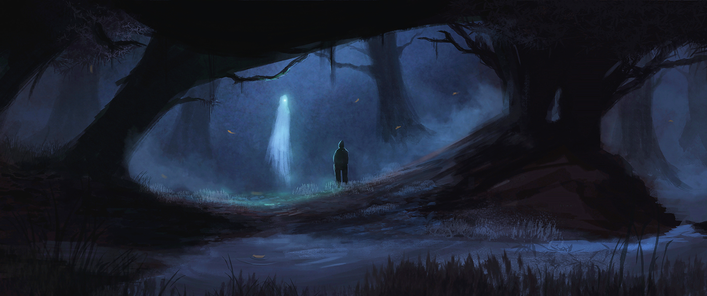 light source fog ghost ghostly forest dark mysterious river lonely man strange