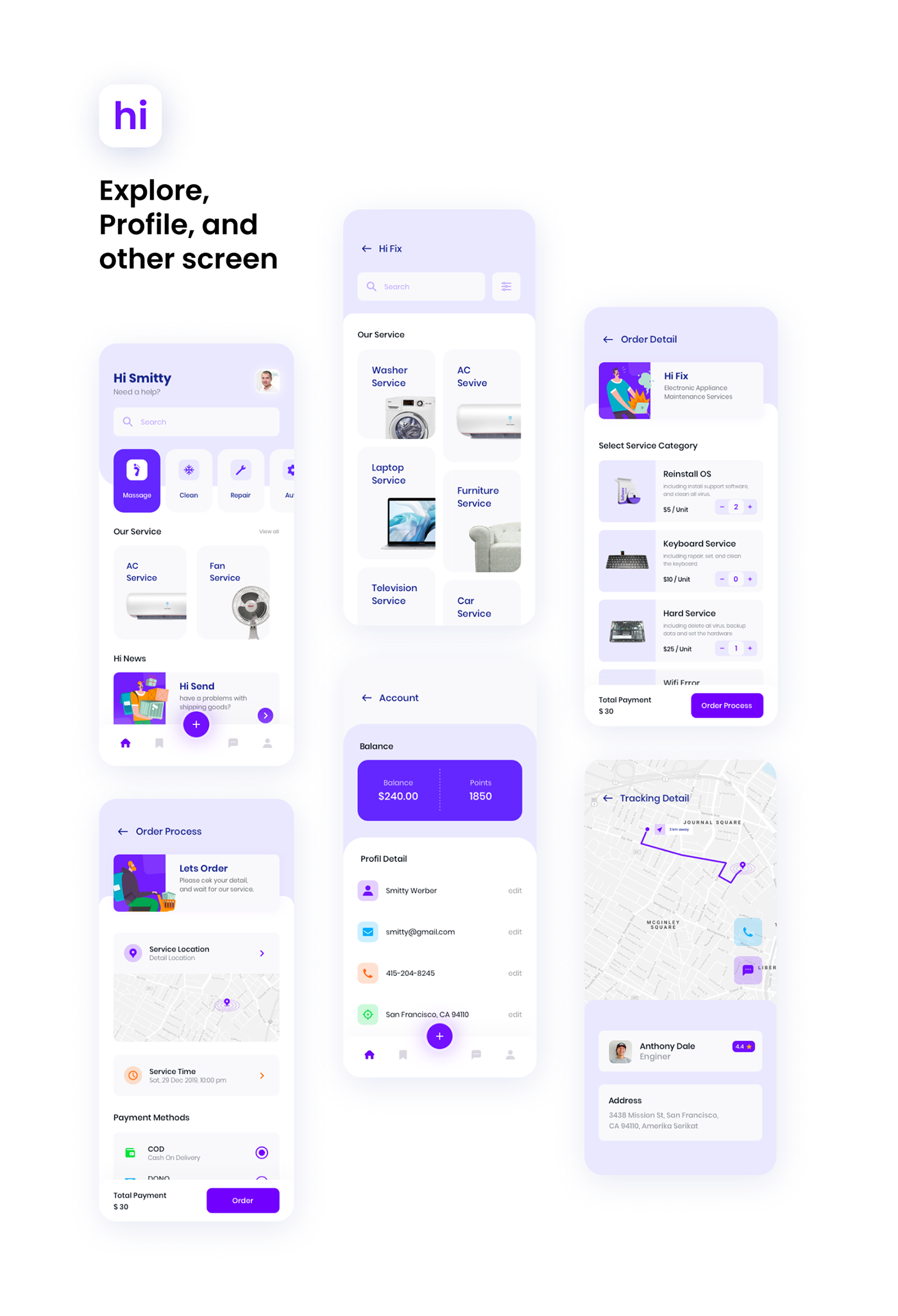ui design UX design Service App start up help app fix app ui kit Social app blue purple