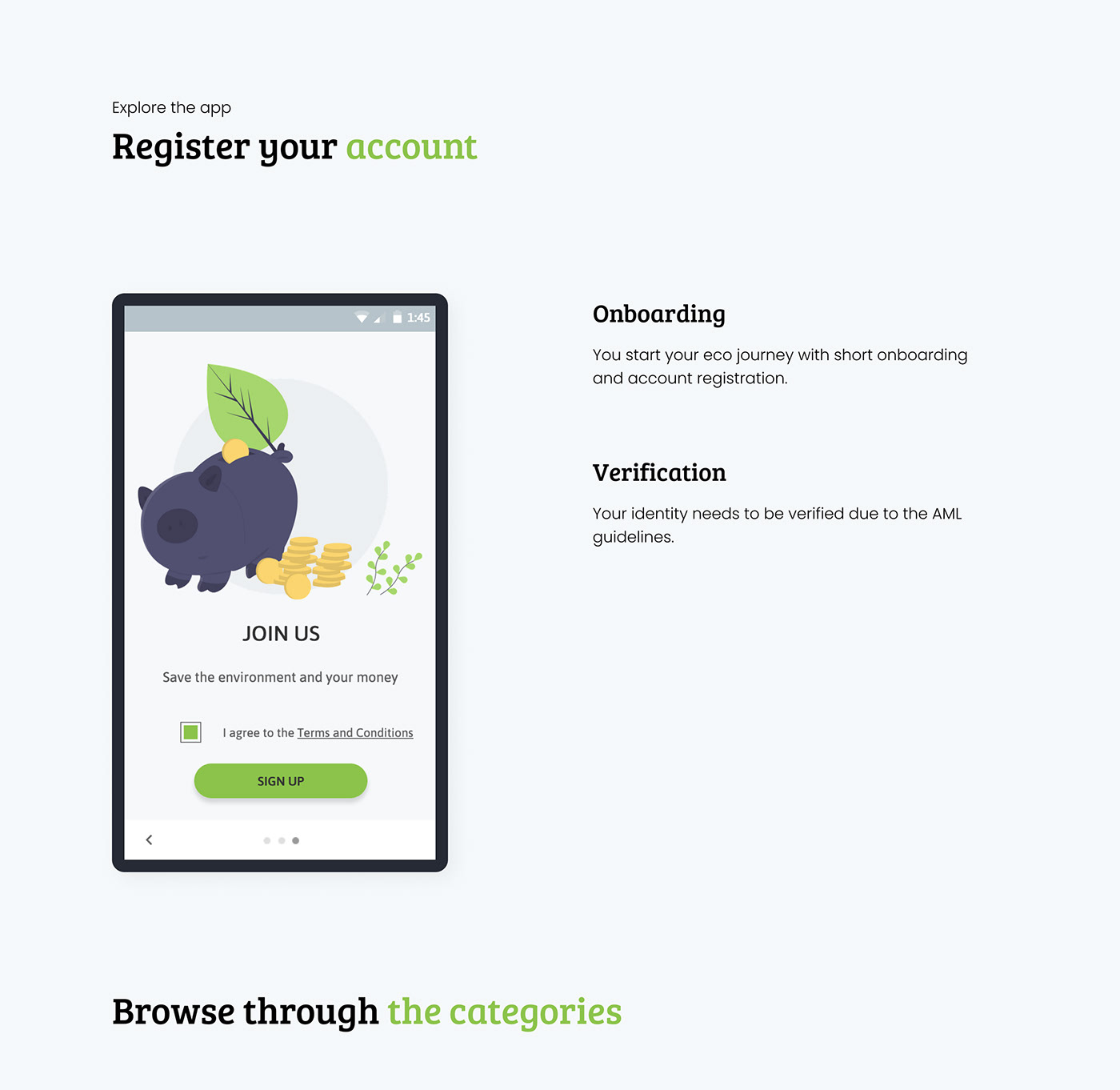 Fintech eco saving prototype android material design ux green app UI