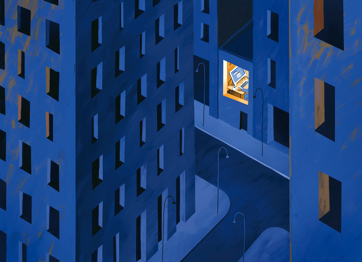 freelancer city dark night blue Street Window Work  light yellow