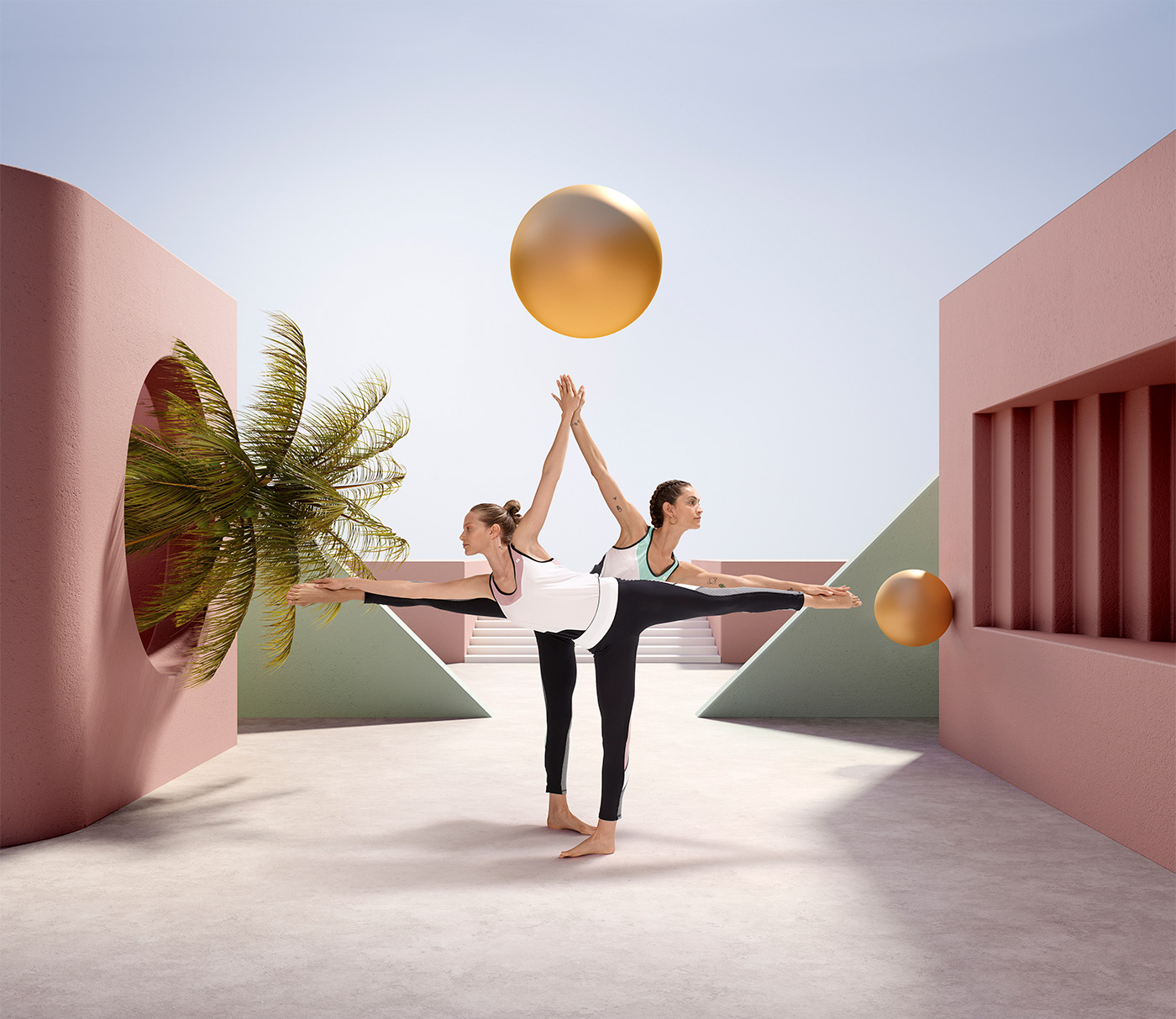 Yoga 3D surreal dreamlike Landscape pastel color Fashion  architecture metaphysic