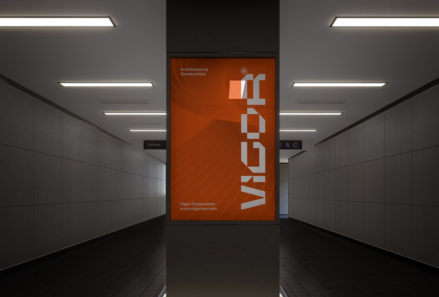 Aplicação da marca em um outdoor vertical em um metrô