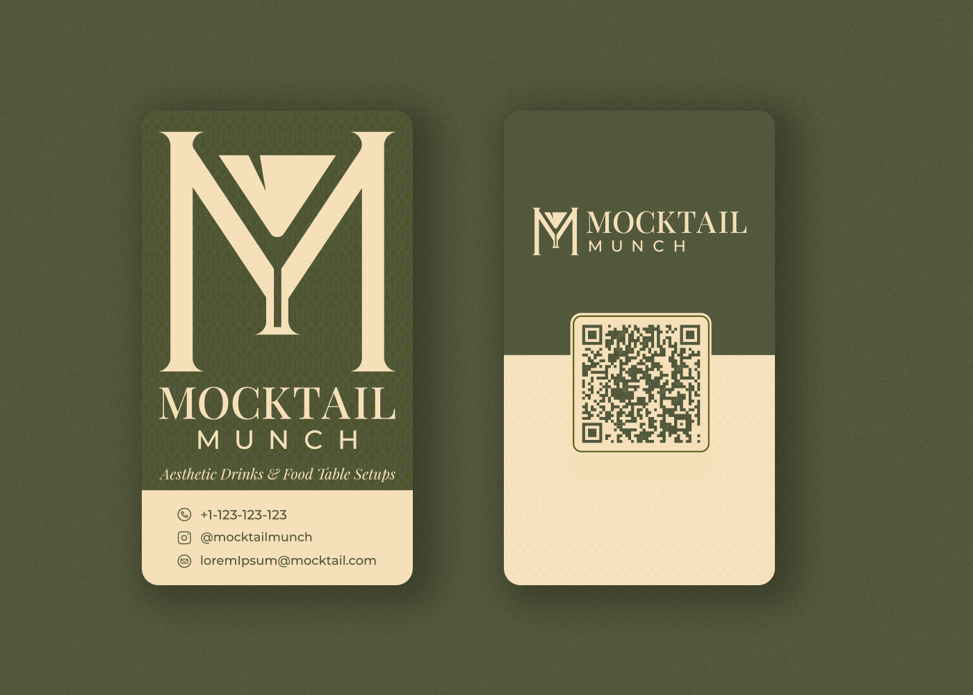m letter and drink minimal style business card design isolated on olive green background