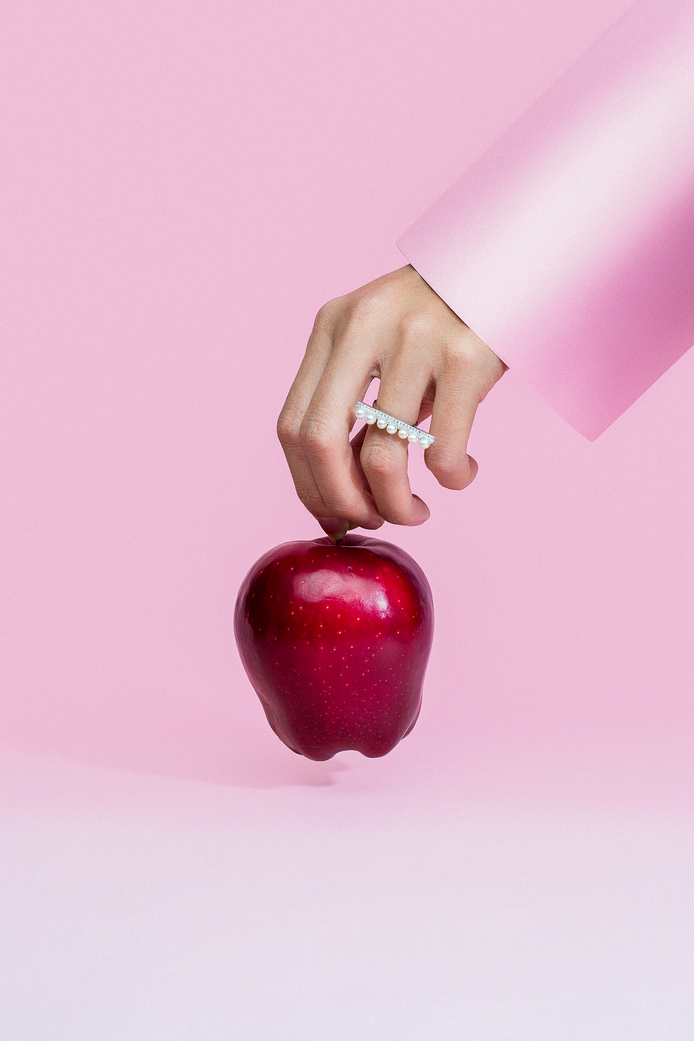 apple pearl jewelry set design  pink Photography  hand model Pop Color surealism