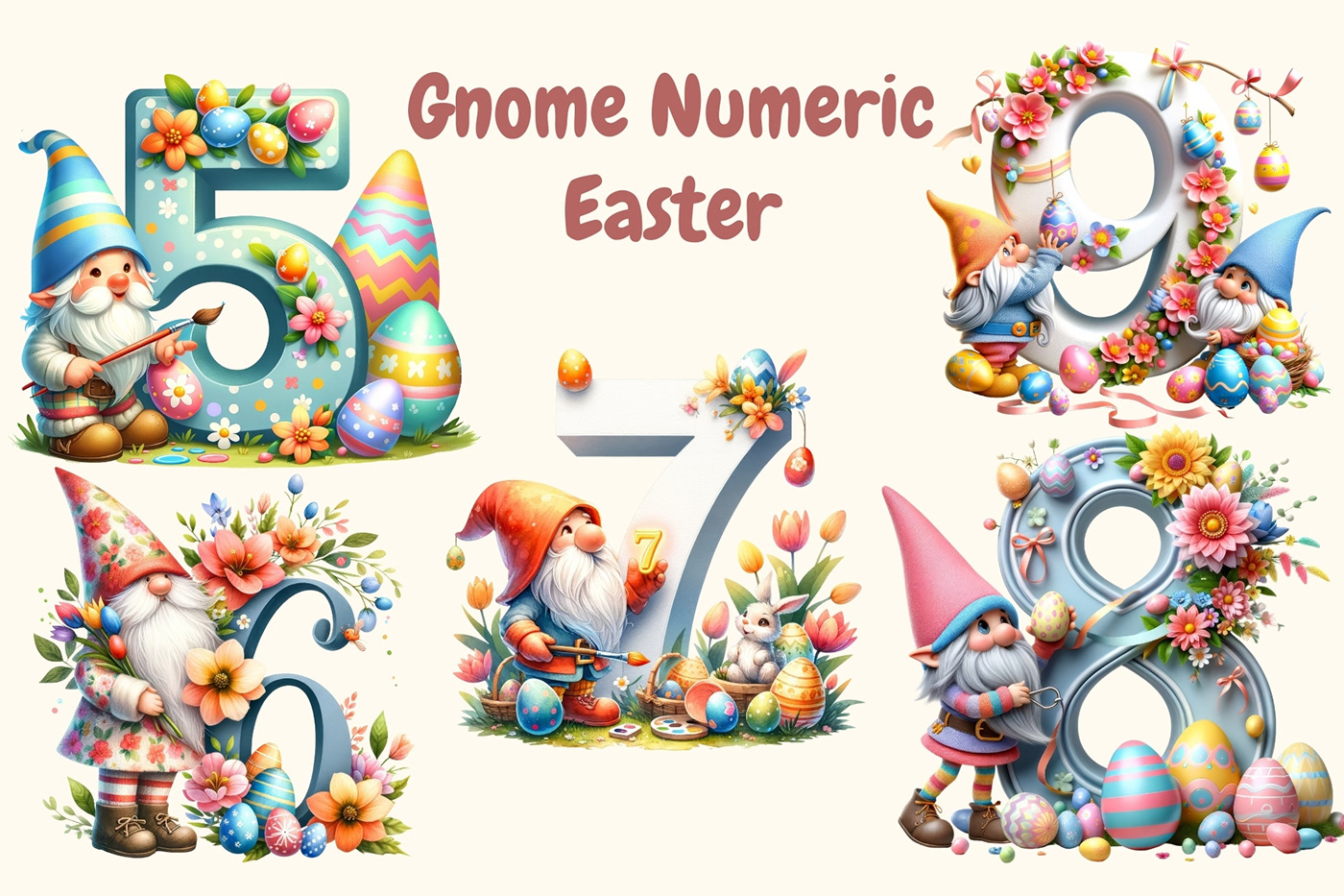 numbers watercolor gnome Easter