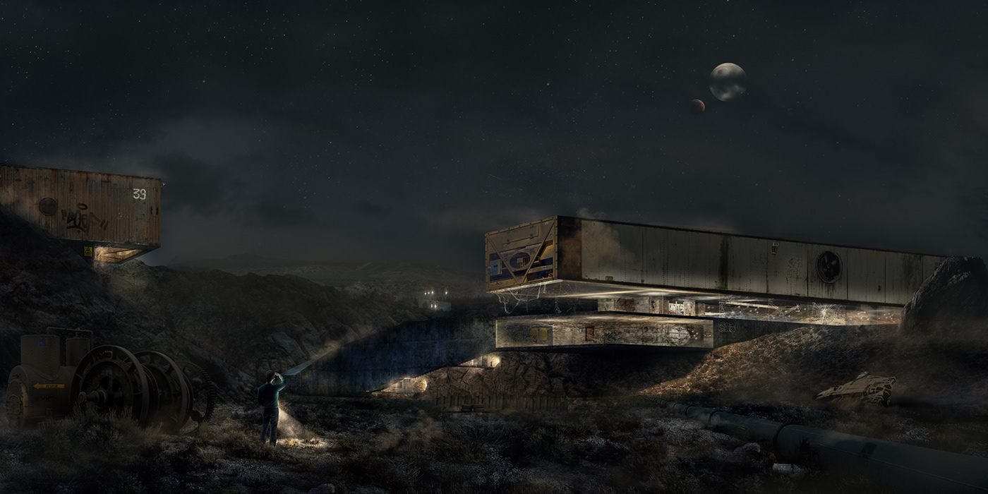 architecture ILLUSTRATION  Digital Art  Scifi desert story graphic abandoned night container