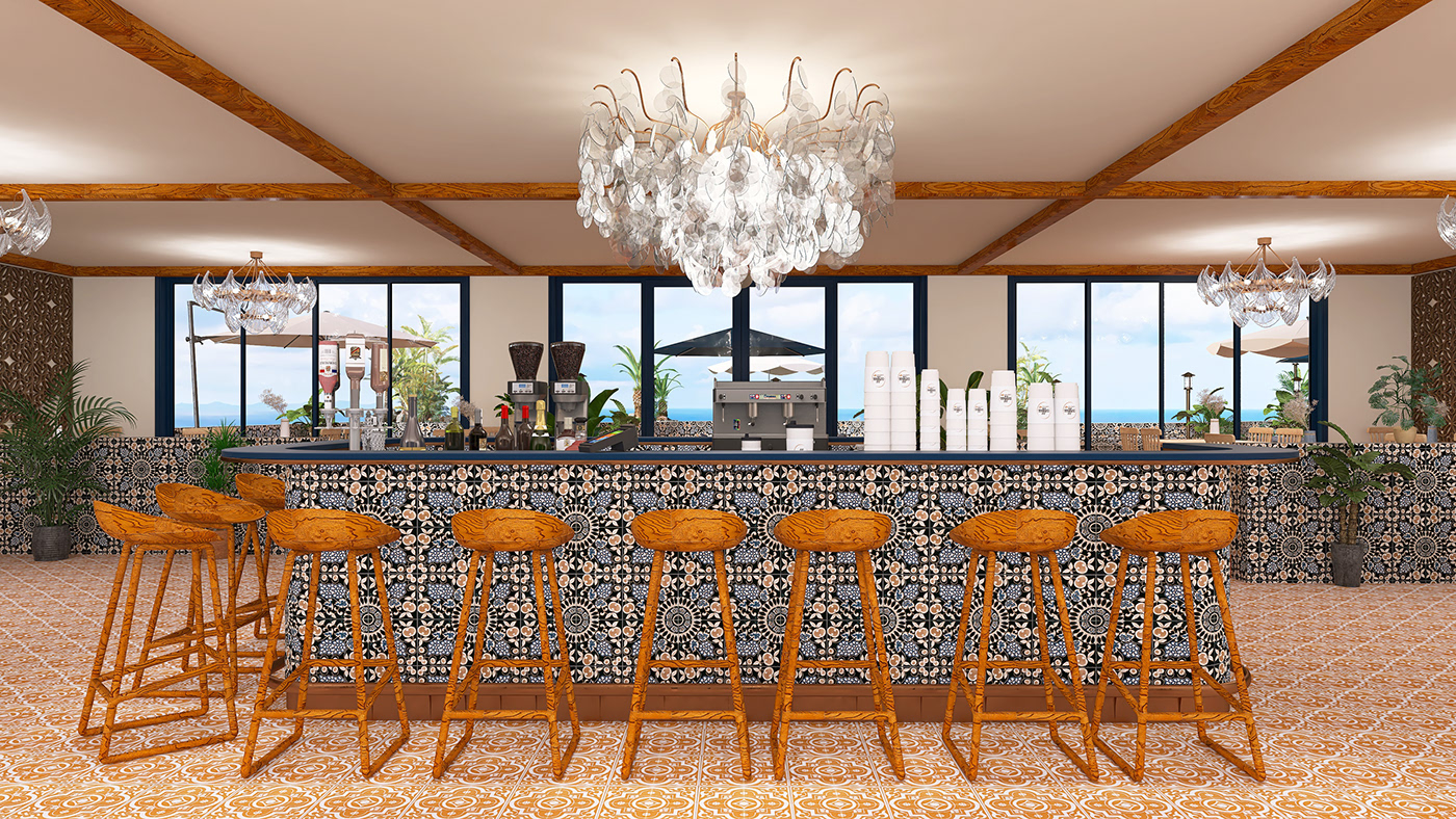 hospitality design Ocean coastal maximalist textured restaurant design Interior visualization conceptual commercial space
