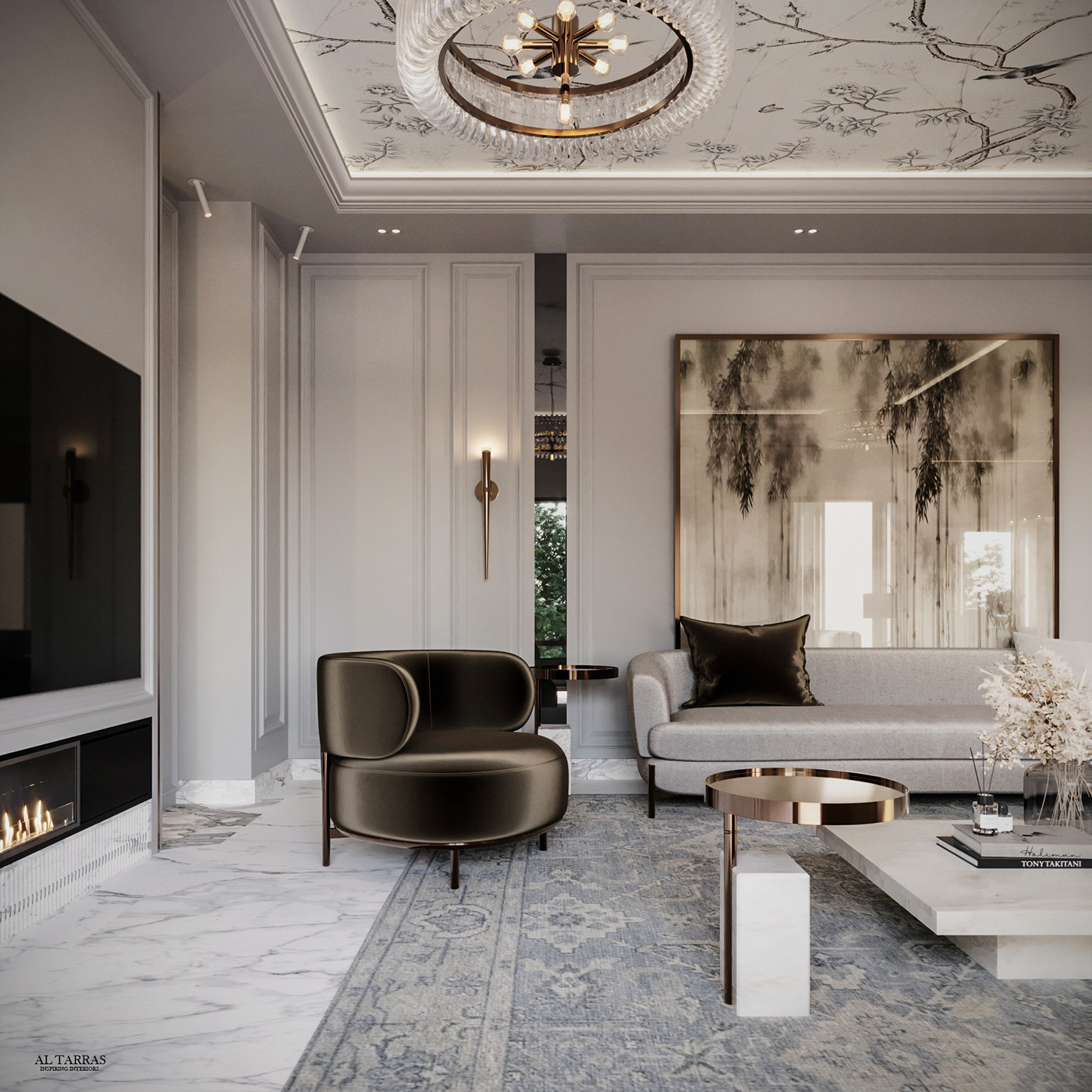 reception living room dining wallpaper neoclassic stairs salon concept Villa tv