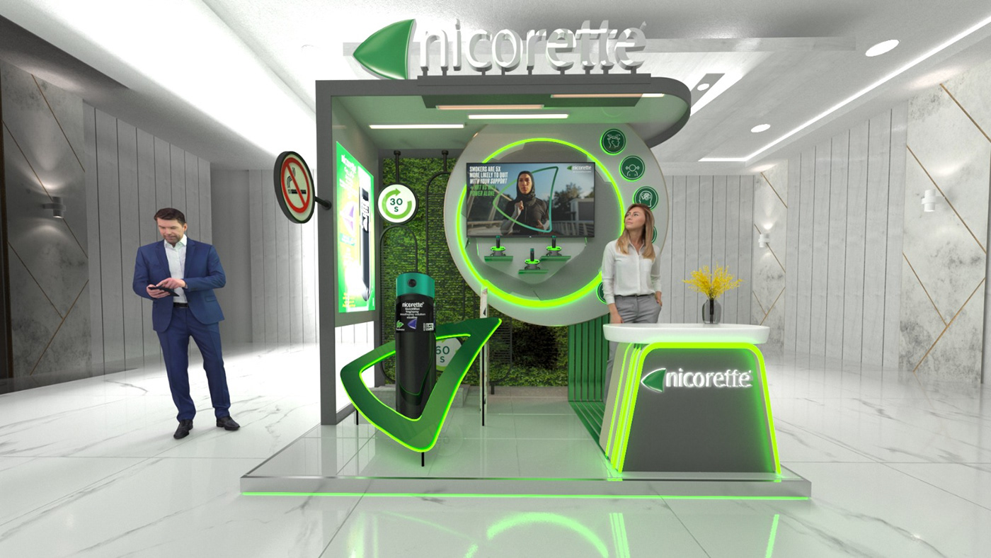 booth boothdesign Exhibition  3D Render modern futuristic Health Nicorette nosmoking