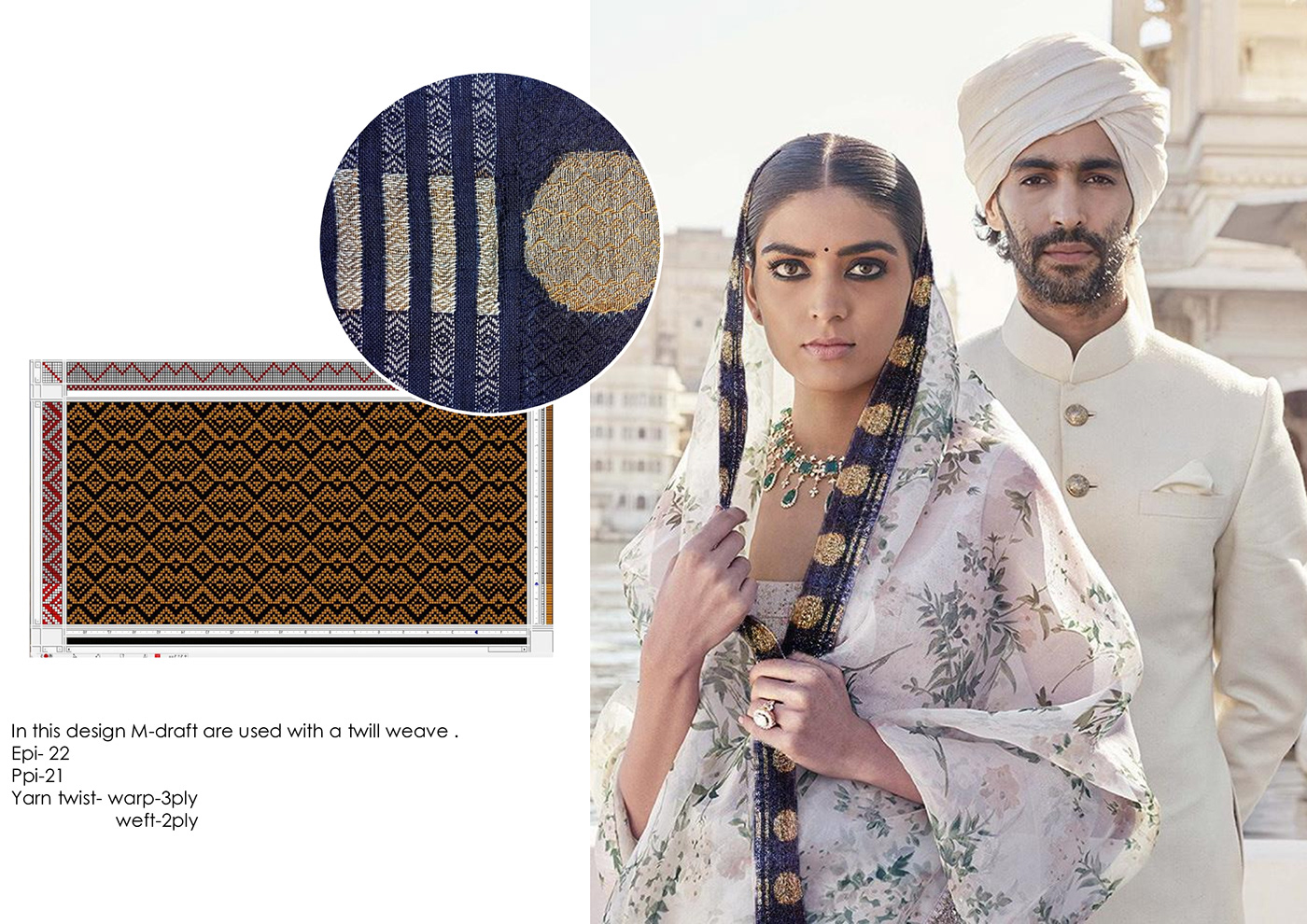 cad drape Fashion  Geometrical golden work LINA IRIS VICTOR pattern saree textile weaving