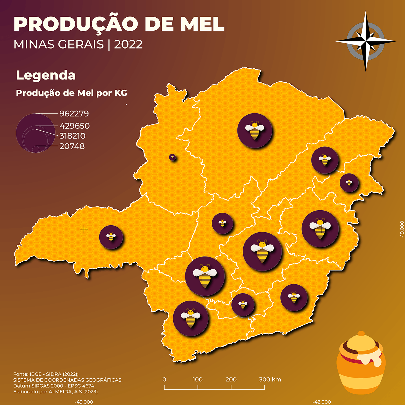 Mapa da Produção de Mel no Estado de Minas Gerais.