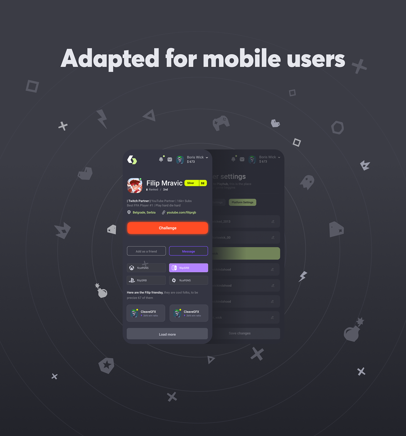 app dark dashboard esports Gaming profile ragebite Responsive UI ux