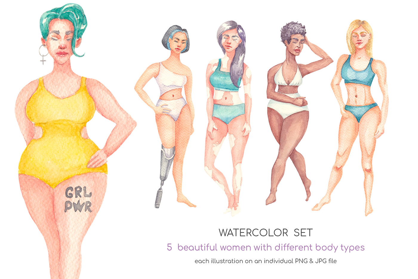 woman watercolor vitiligo swimsuit body positive feminism Girl Power love your body love yourself multiracial
