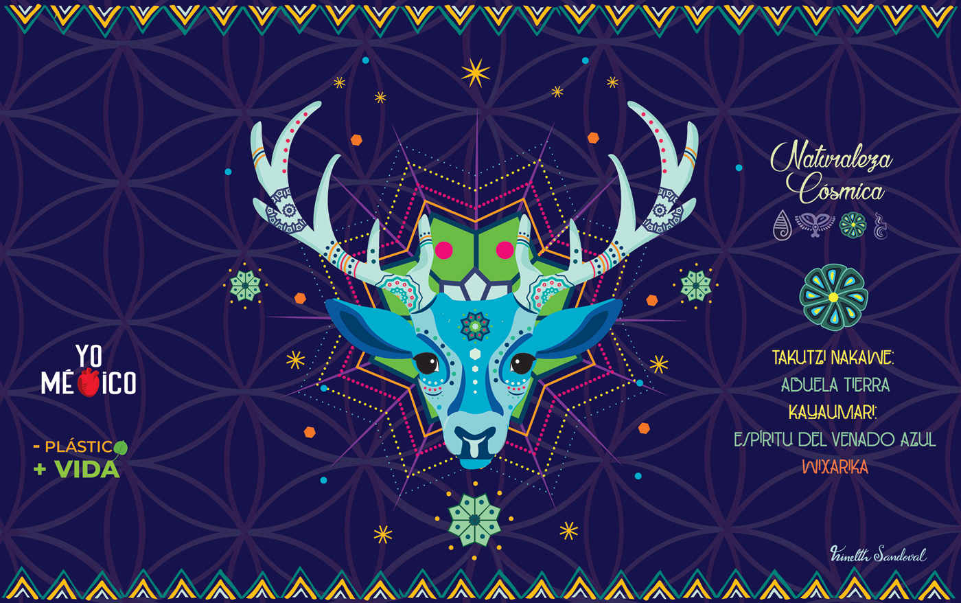 Ilustración de Kauyumari, el Venado Azul, espíritu Wixarika relacionado con el peyote o hikuri

