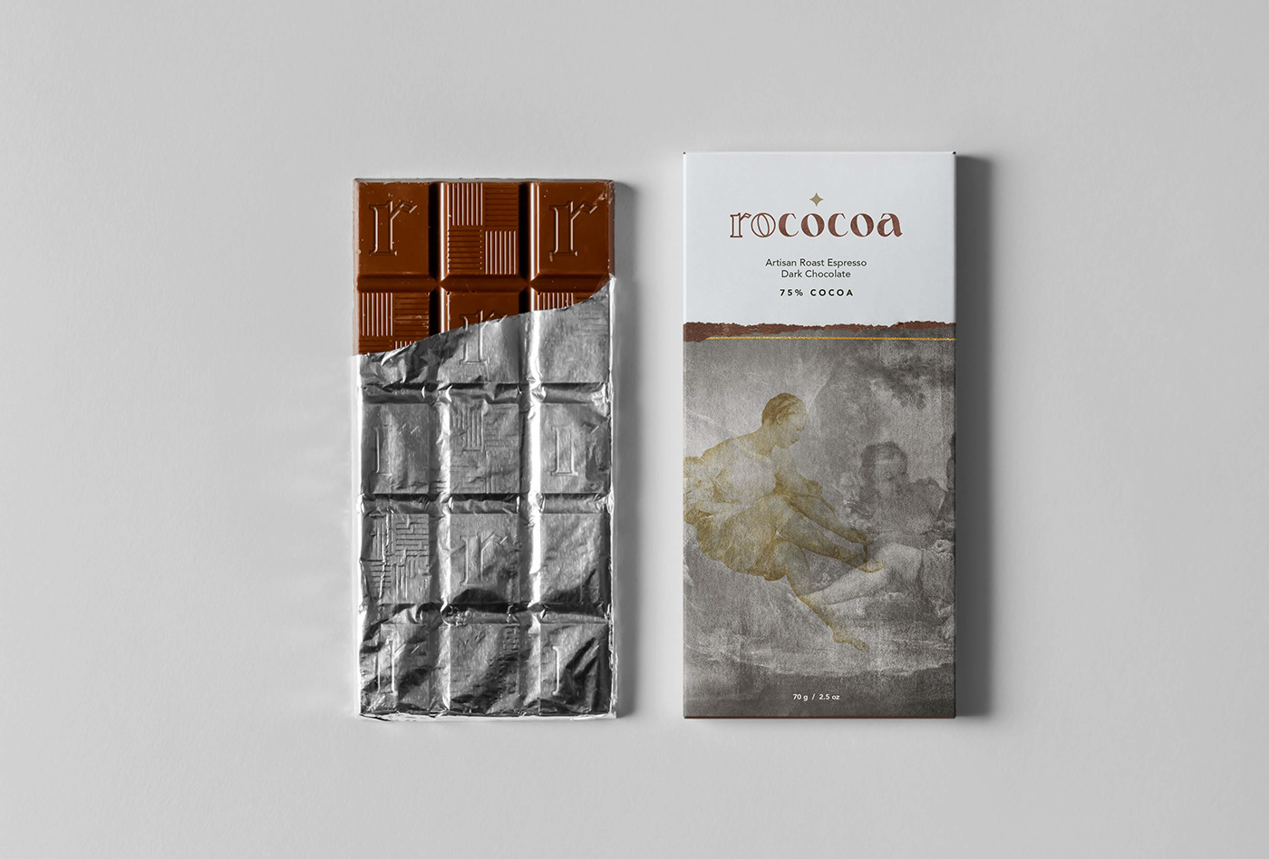 Rococo art inspired artisan gourmet chocolate branding and packaging design