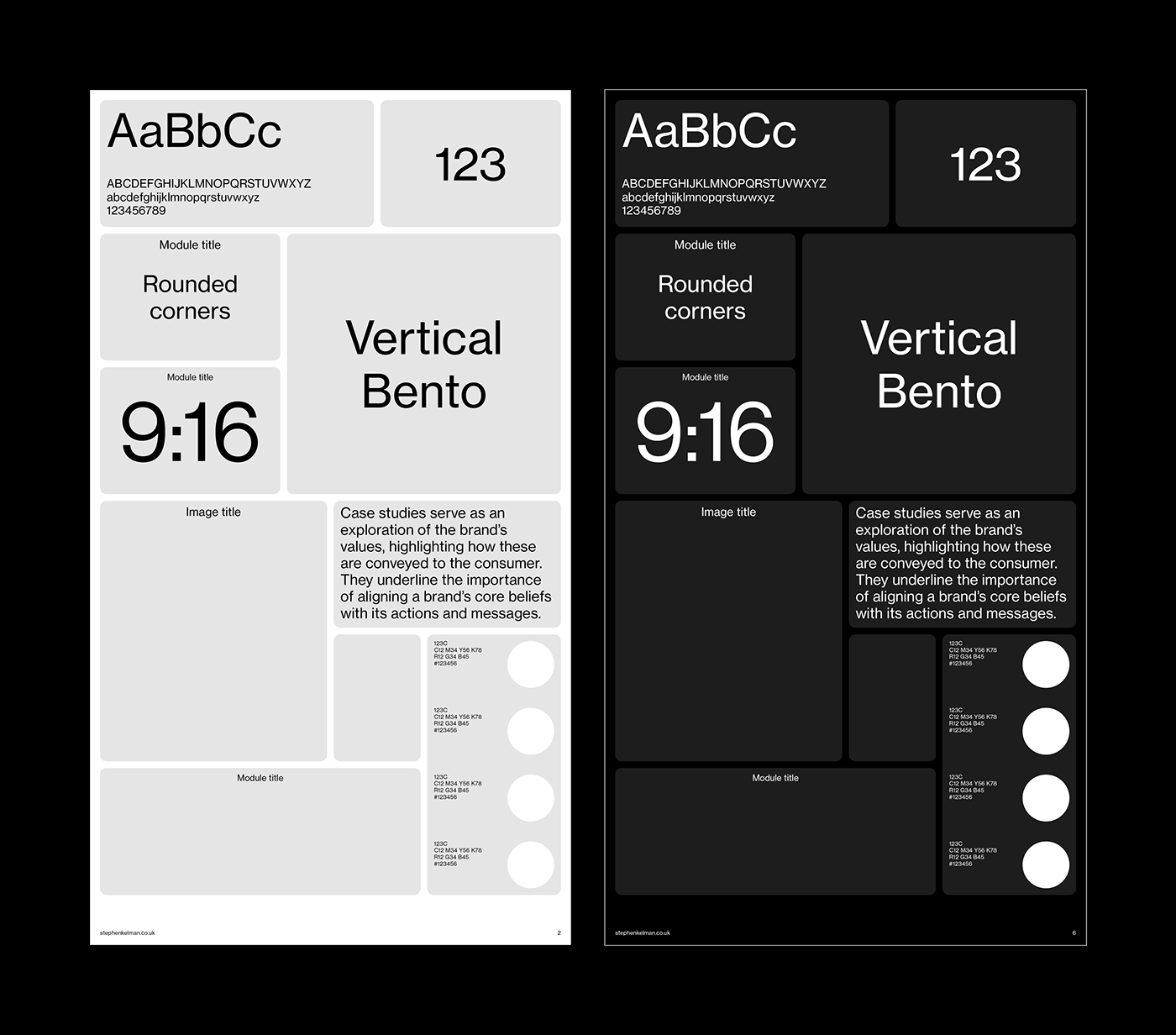 Bento Style Presentation Grid System for Adobe InDesign | Portrait - Light and Dark Layout Examples