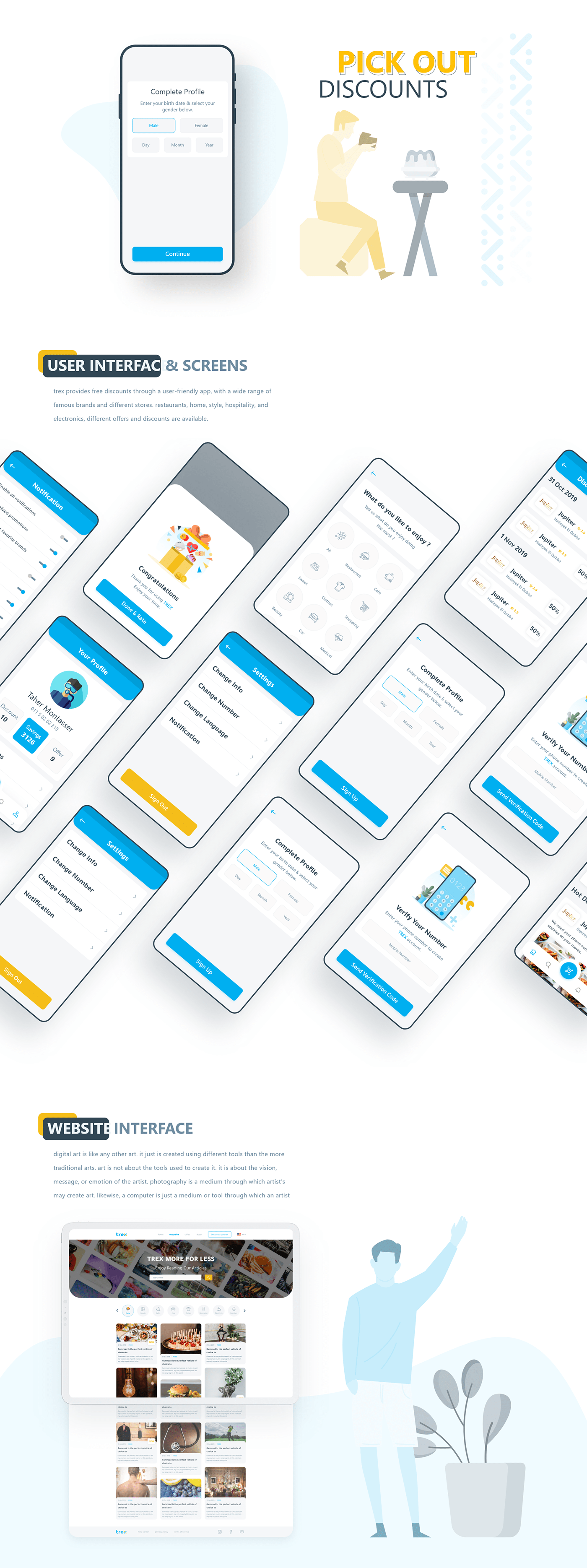 Adobe XD Advertising  characters colorful illustrations Mobile app trex ui-ux Website wireframe