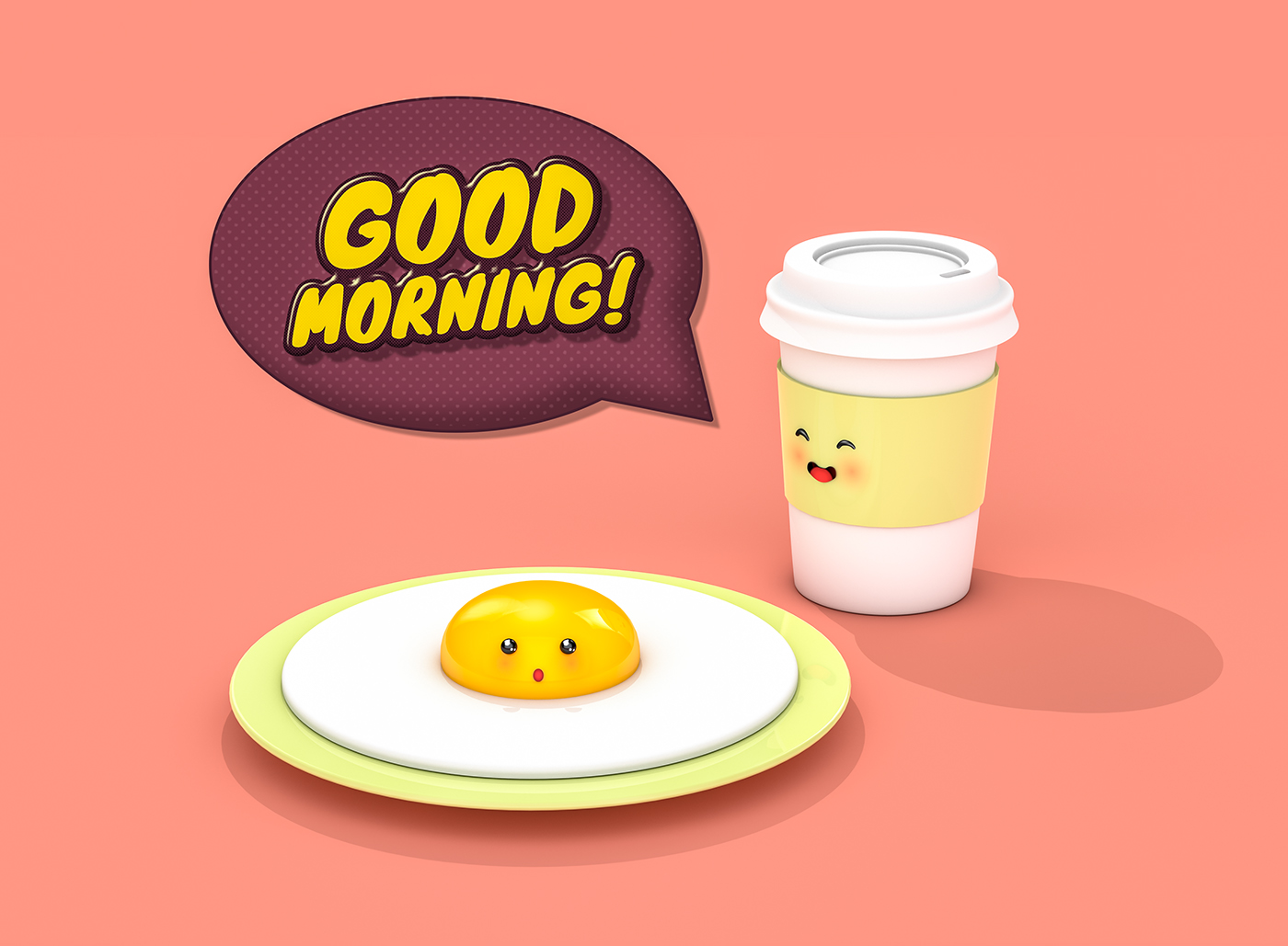 Character 3D kawaii Food  MORNING Coffee donut egg bacon ice cream