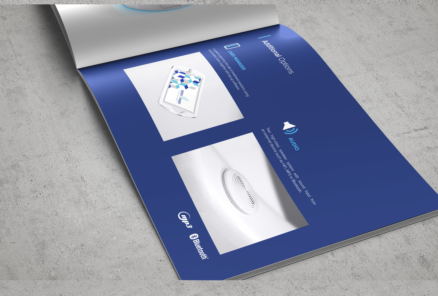 flyer brochure design modern print CMYK pantone dark Icon flat device medical blue White graphic