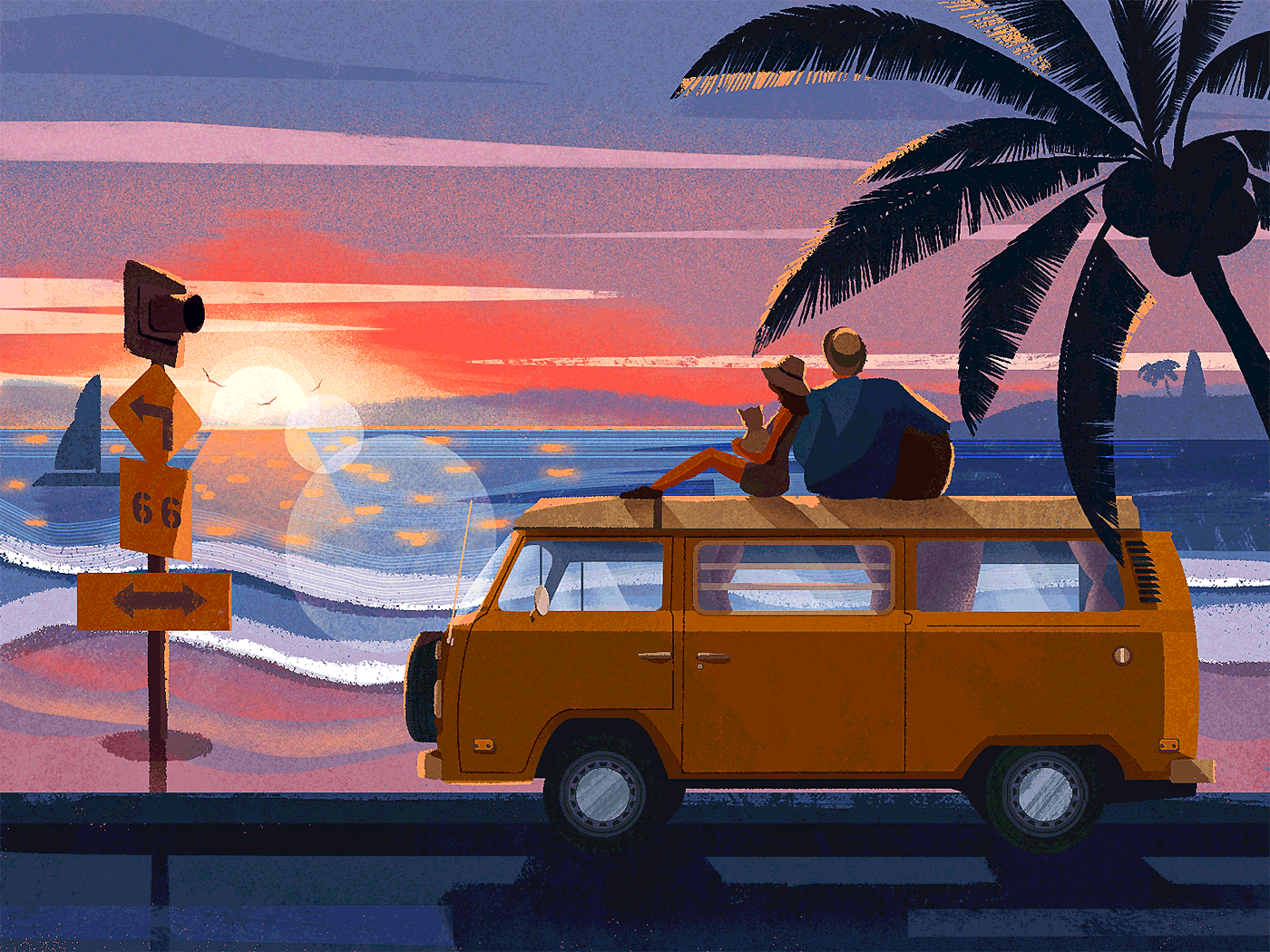 beach camping car ILLUSTRATION  Illustrator Landscape Lovers sunset Travel vacation