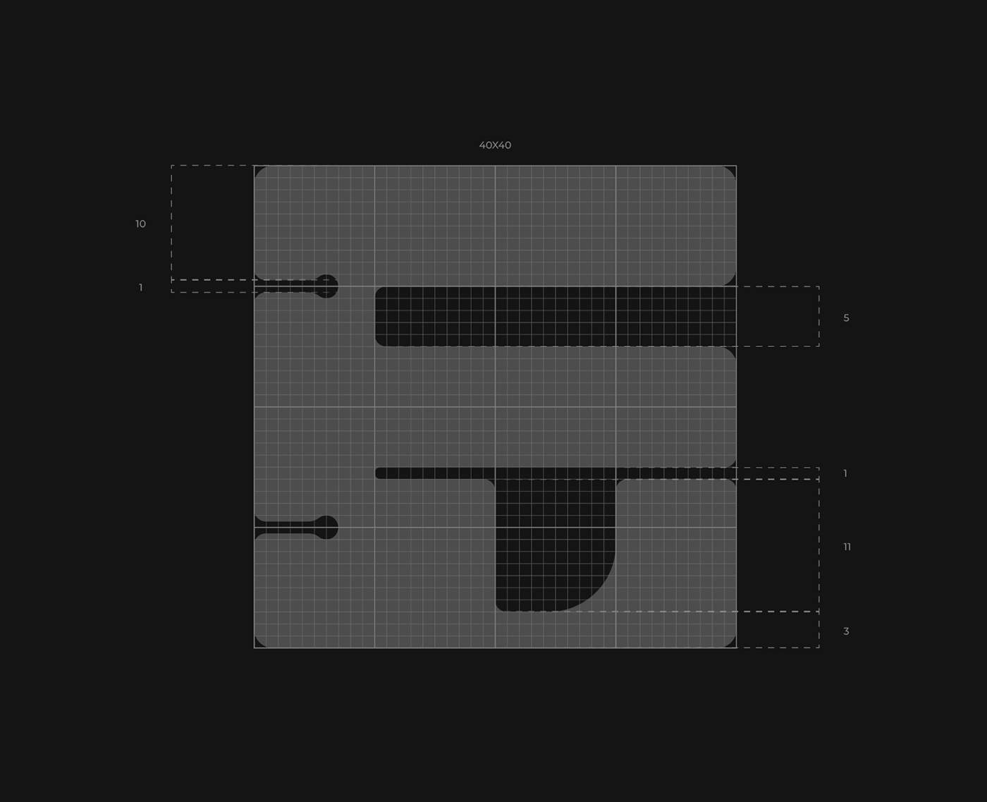Modular grid for a letter, typeface design system, grids