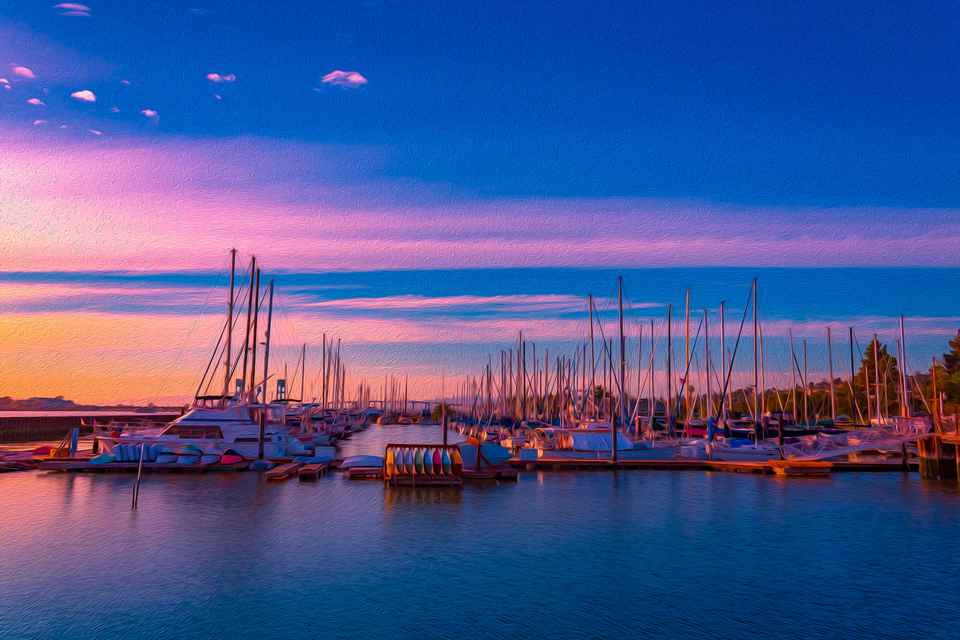 Boats dock water blue sky texture filters manipulation oil paint sunset clouds