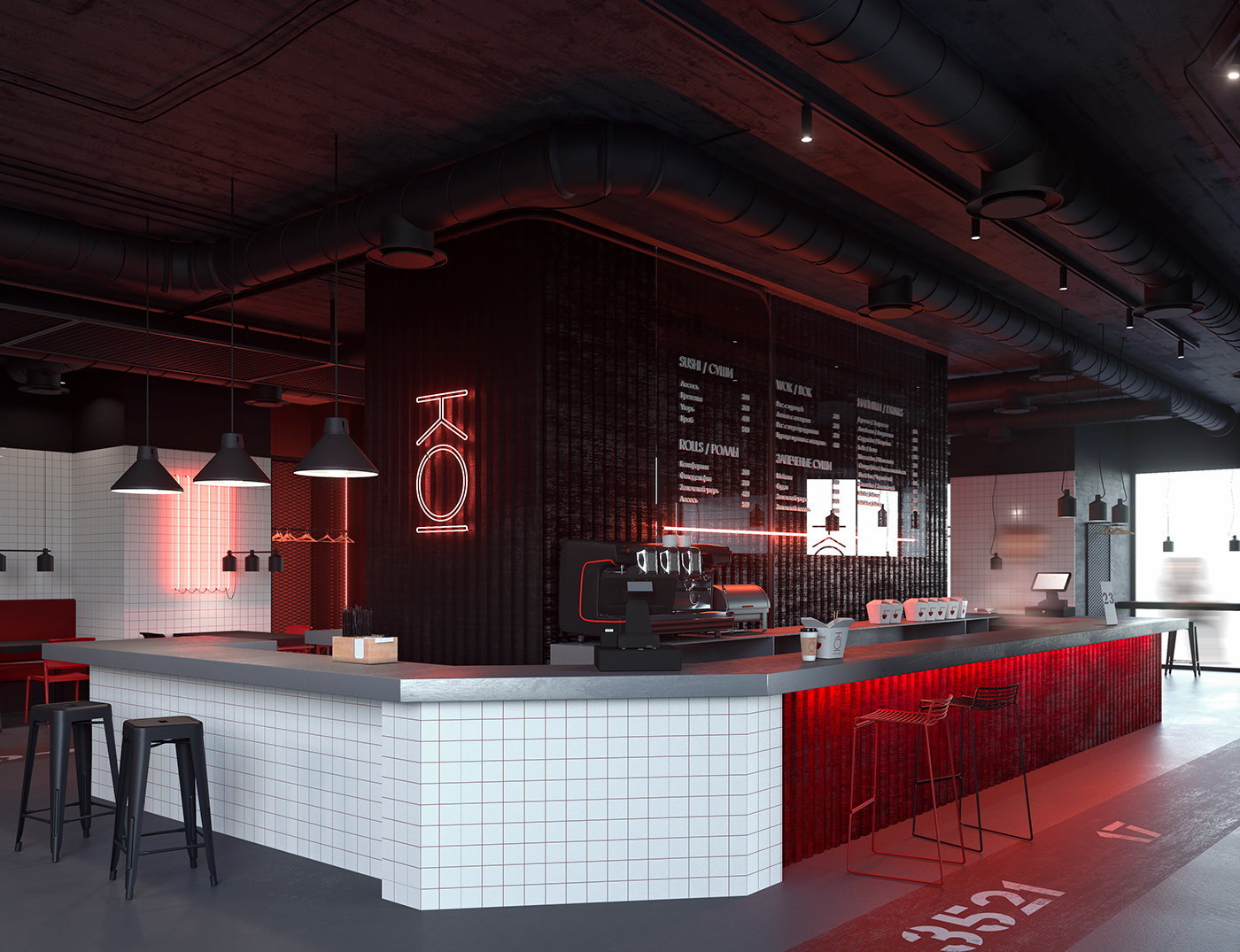 corona CG Sushi Interior design neon 3dsmax visualisation cafe bar