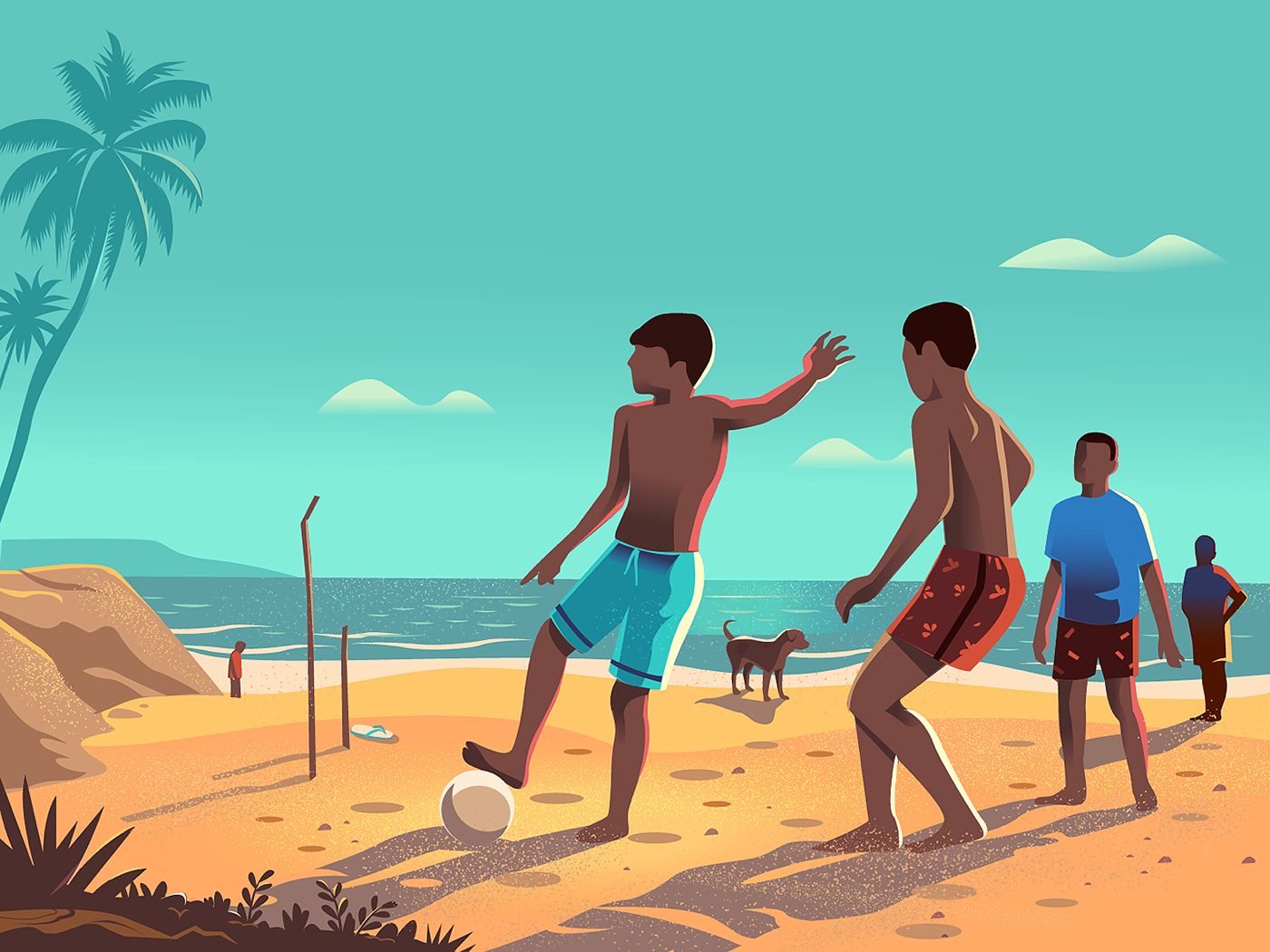 Watching these young kids play football I almost forgot the background, the waves, sky and the setting sun at Kodi beach. Mangalore - illustration by ranganath krishnamani