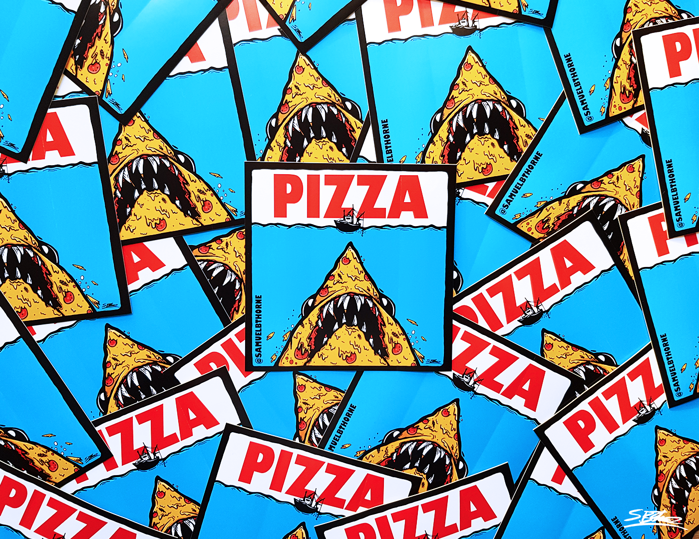 Pizza jaws shark Parody movie poster.