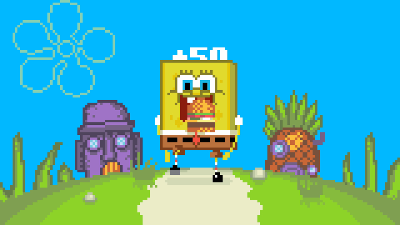 8 bit 16 Bit Pixel art Retro spongebob nickelodeon Gaming arcade.