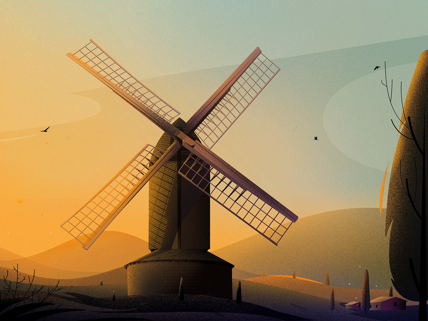 windmills mills Nature colour ILLUSTRATION Texter light Landscape...