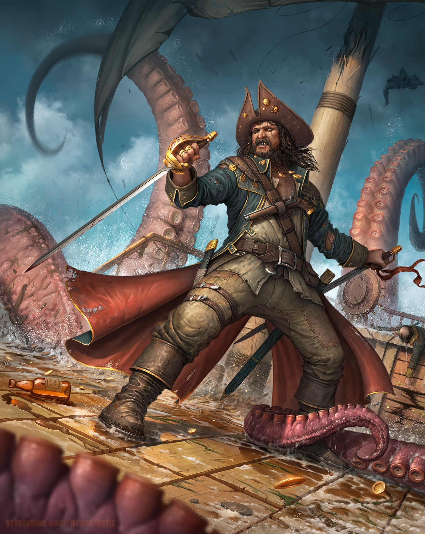 ILLUSTRATION art pirate tentacles fantasy battle.