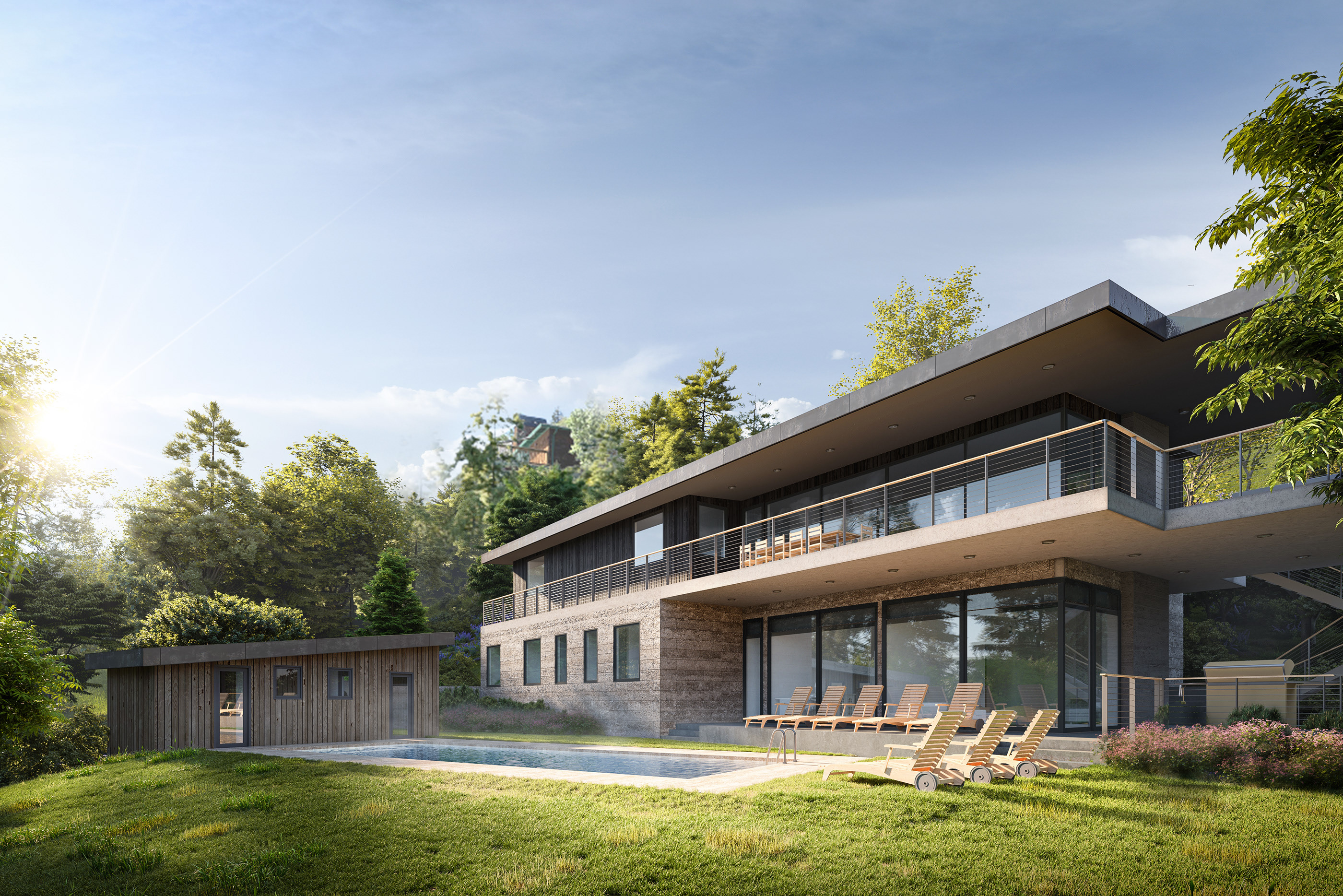 A CGI of a building in a forest area. | Behance