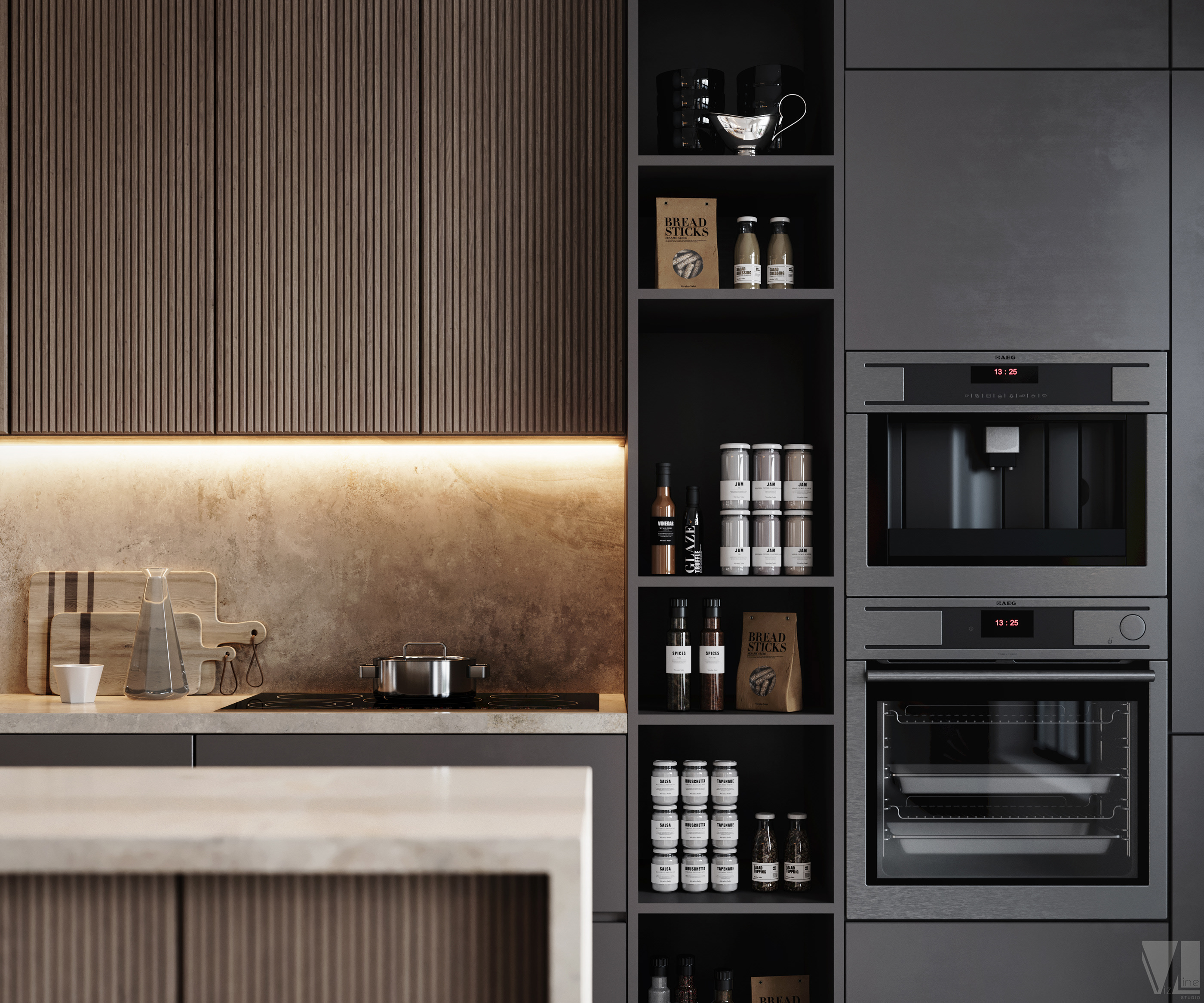 IconP - Thiết kế chung cư căn hộ gam màu nâu be, kết hợp gỗ và màu đen mờ