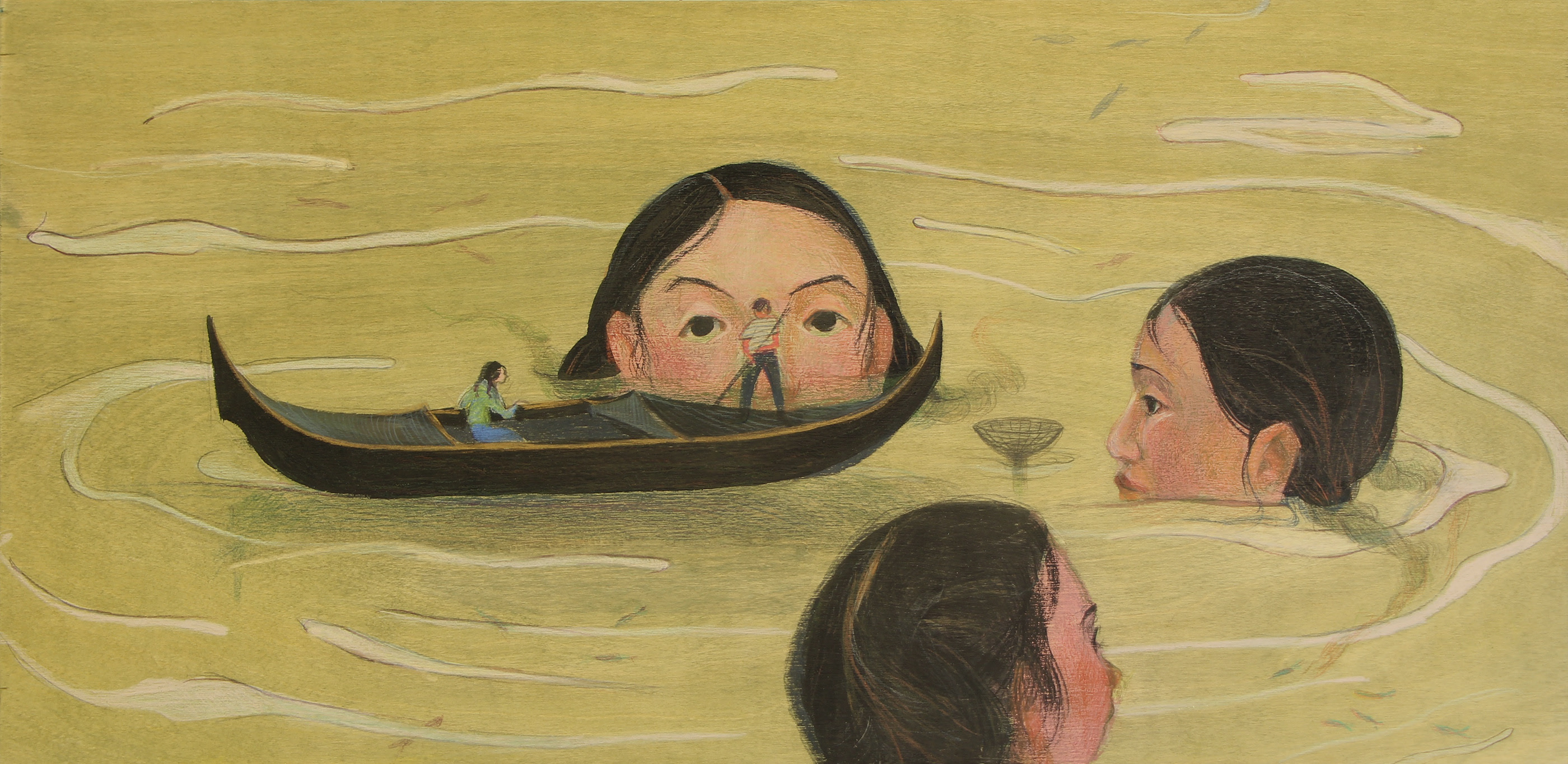 soft crayon illustration titled Waterside by Ellen He where two figures row in a body of water where three giant women stand with just their heads above water