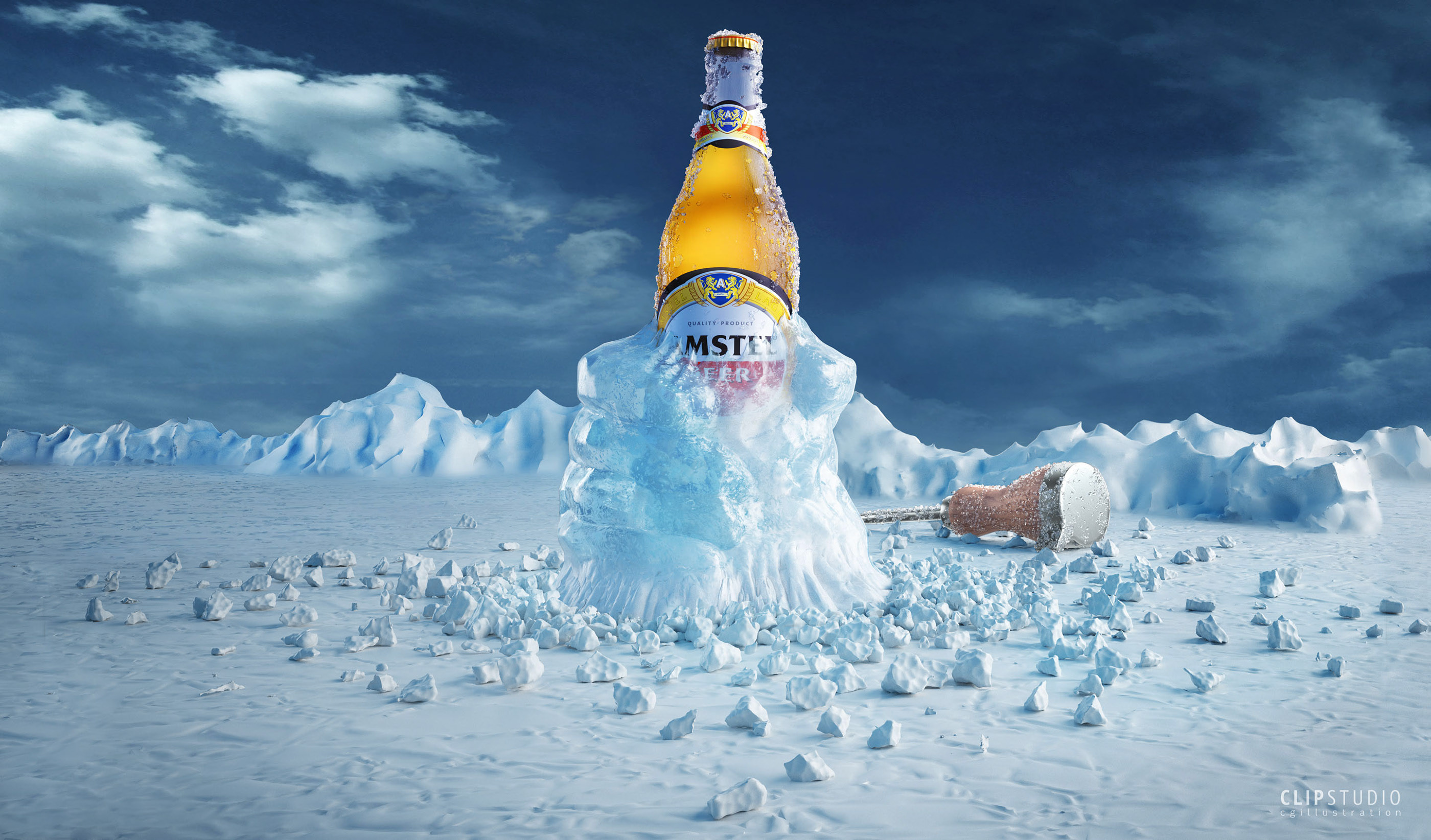 CGI ice broken ice beer cool North Pole 3D illustration.