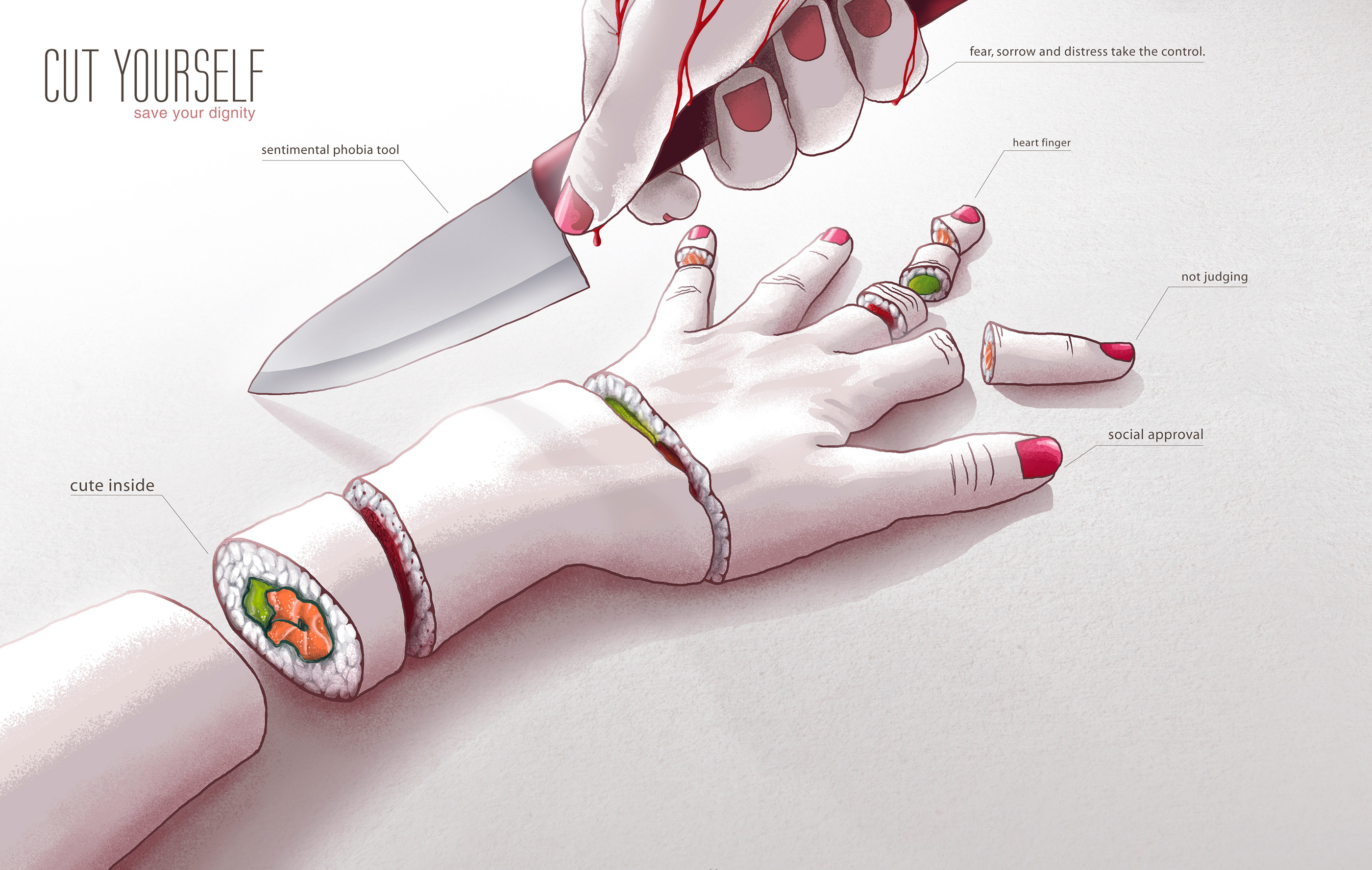 hand knife blood Sushi Food sentimental draw social phobia 