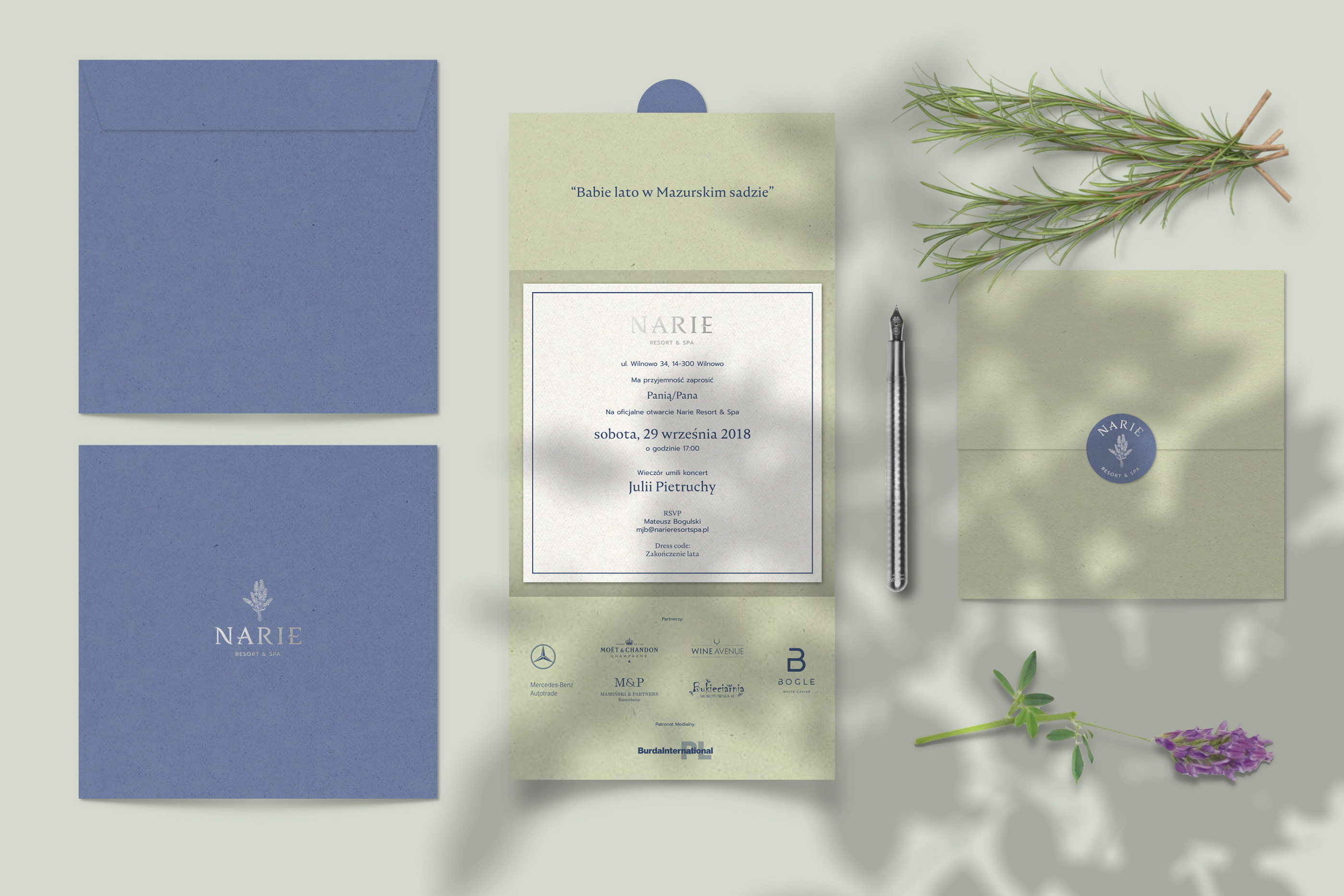 Narie Resort and Spa stationery printed on Crush Kiwi and Lavender 