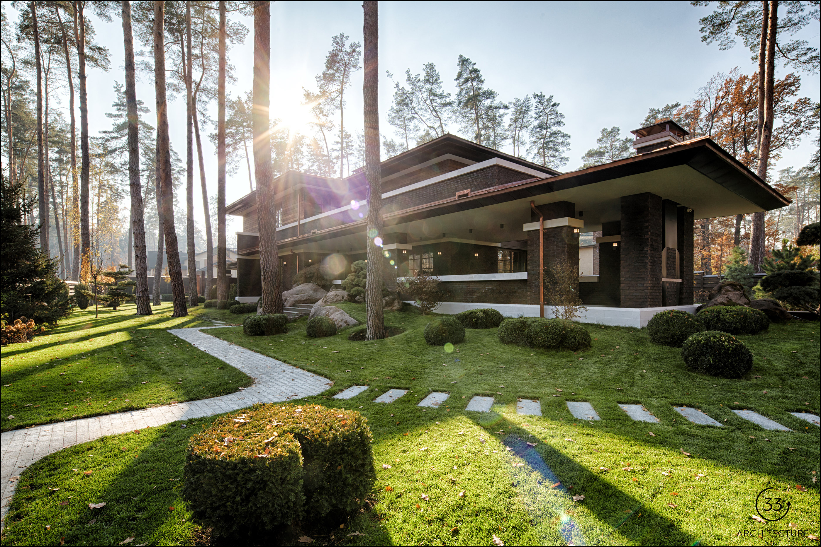 Ландшафт дома в современном стиле. Дом в стиле Райта от Yunakov Architecture Design. Архитектура Ллойда Райта в Буче. Ландшафт в стиле Райта. Дом в стиле Райта 200-250 кв.м.