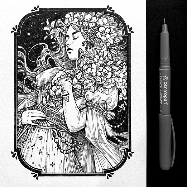 beauty fairy tale fantasy fantasy character image of maiden ink ink drawing inktober maiden traditional drawing