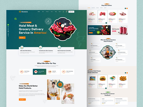 Meat Production Website, Landing Page, Grilled food