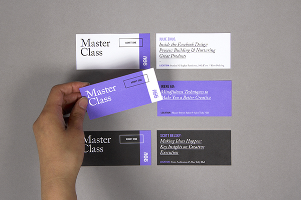 99U conference materials card sticker magazine simple badge brochure Program design Behance purple black modern