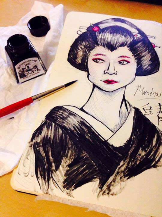 geisha Maiko Geiko gouache ink black crimson Promarkers Pokemon skiddo sketching sketchbook Moleskin