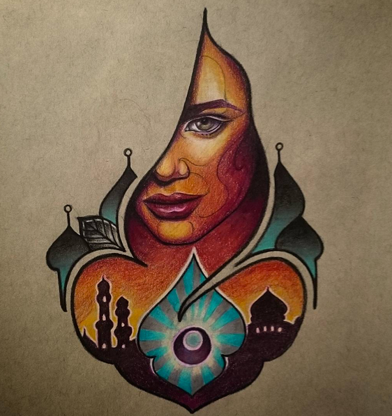 Moraccan sketch colored pencil middle eastern world diveristy woman eye design moon night female art deco Mandala geometry