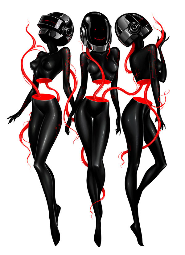 daft punk gina kiel art Exhibition  rediscovery Transformation three girls figures shiny black red helmets band prints